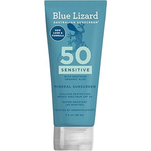 Blue Lizard SENSITIVE Mineral Sunscreen with Zinc Oxide, SPF 50+, Water Resistant, UVA/UVB Protection with Smart Cap Technology - Fragrance Free, 3 oz. Tube
