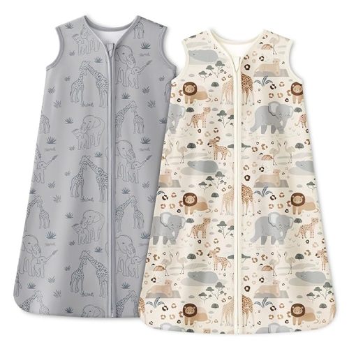 Baby Sleep Sack 0-6 Months 1.0 Tog Baby Wearable Blanket 100% Cotton Sleeping Sack with 2-Way Zipper for Infant Newborn Apricot & Gray Elephant