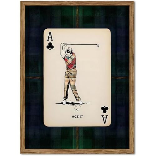 Vintage Golf Wall Art, Playing Card Golfer Sports Wall Decor Paintings Retro Navy Plaid Canvas Prints Picture for Bedroom Living Room Man Cave Country Club 16x24 inch Wood Framed