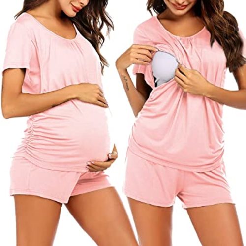 Ekouaer Women's Maternity Nursing Pajamas Set Breastfeeding Sleepwear Double Layer Short Sleeve Top & Shorts Pregnancy PJS