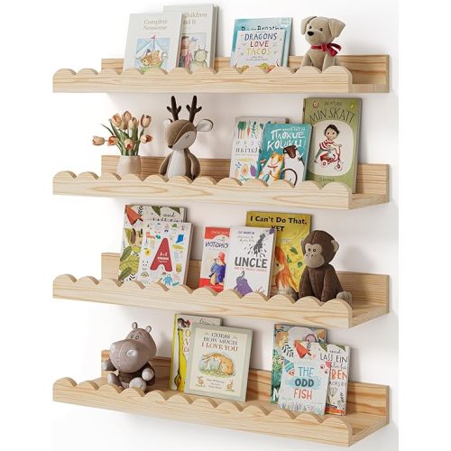 Nursery Book Shelves, 4-Pack Wood Floating Shelves for Wall Kids, Scalloped Shelves, Wall Book Shelves for Bedroom Kids, Toddler Room, Baby Room, Nursery Decor(Wood, 16.5 Inches)