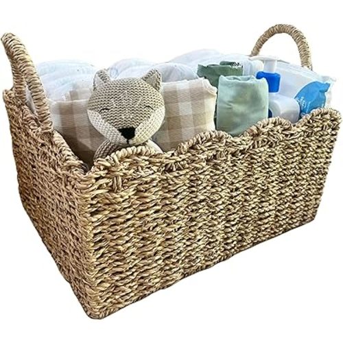 Vivika Wicker Diaper Caddy Organizer - Handmade Diaper Basket for Changing Table Organizer, Cute Woven Scalloped Basket in Premium Seagrass with Dividers and Handles, Baby Dresser Storage for Nursery