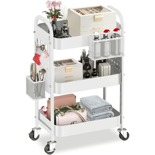 ALVOROG 3 Tier Rolling Cart with DIY Pegboards Metal Utility Cart with Wheels Handles Baskets Hooks, Storage Cart for Office Kitchen Bathroom(White)