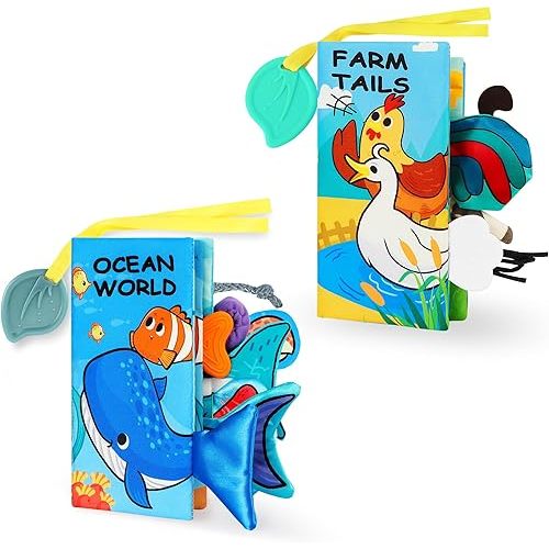 Baby Books with Teether, Baby Cloth Book, Sensory Book, Infant Newborn Tummy Time Crinkle Book, Baby Books 0-6 Months, Touch Feel Book Gift for Boys Girls-Farm and Ocean-2 Pack