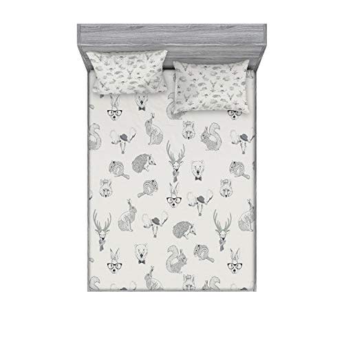 Lunarable Grey Fitted Sheet & Pillow Sham Set, Illustration of Weird Forest Animals in Retro Rabbit Fox Dear Wild Life Boho Art, Decorative Printed 3 Piece Bedding Decor Set, Full, Grey Multicolor