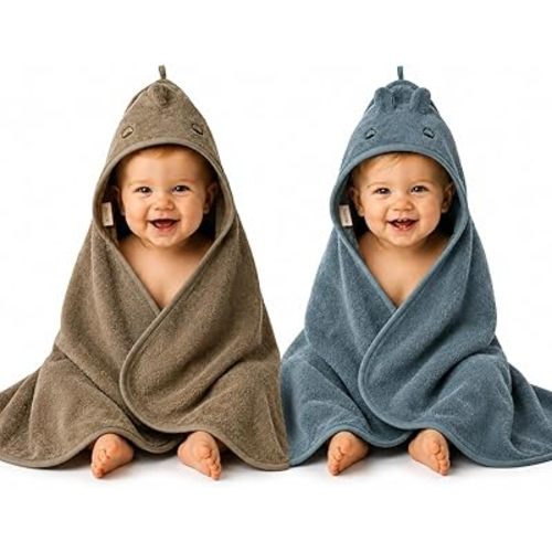 Hooded Baby Towels – 100% Organic Cotton Baby Bath Towels – Baby Boy Newborn Essentials - Super-Soft and Absorbent. (2-Pack Dino Tradewins and Moss Green)