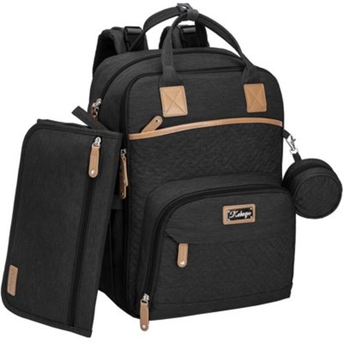 KABAQOO Unisex Diaper Backpack for Newborn, Mommy & Dad, Large Black, Waterproof with Changing Pad