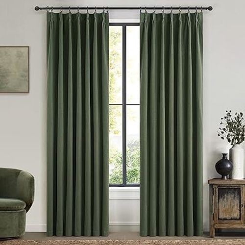 Olive Green Linen Curtains for Living Room, 86 inch Pinch Pleated Drapes with Hooks Back Tab Blackout Privacy Boho Home Decor, Forest/Hunter Green Window Curtains 86 inches Long for Bedroom 2 Panels