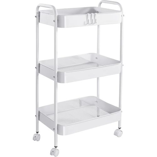 Vtopmart 3 Tier Metal Rolling Cart with Wheels, Utility Storage Cart with Handle and Lockable Casters, Storage Basket Organizer Shelves, Easy Assemble for Kitchen, Living Room, Office, Nursery, White