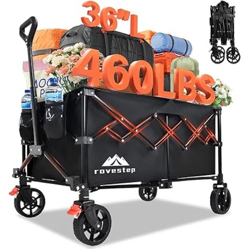 Collapsible Wagon Cart Heavy Duty Utility Carts with All Terrain Wheels for Garden, Grocery, Camping, Sports, Shopping, and Outdoor Use - 460lbs Capacity, Foldable, Portable, 145L Large Wagon