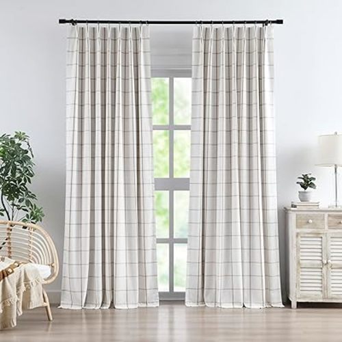 Vision Home Flax Linen Plaid Pinch Pleated Full Blackout Curtains Checkered Thermal Insulated Window Panels 90 inch for Bedroom Living Room Darkening Rustic Pinch Pleat Drapes with Hooks 40" Wx90 Lx2