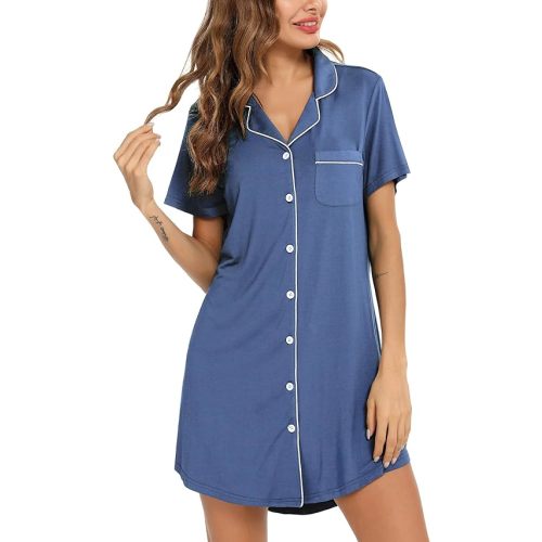 Samring Pajama Nightgown for Women Short/Long Sleeve Button Down Nightwear Top Boyfriend Sleep Shirts Nightdress S-XXL