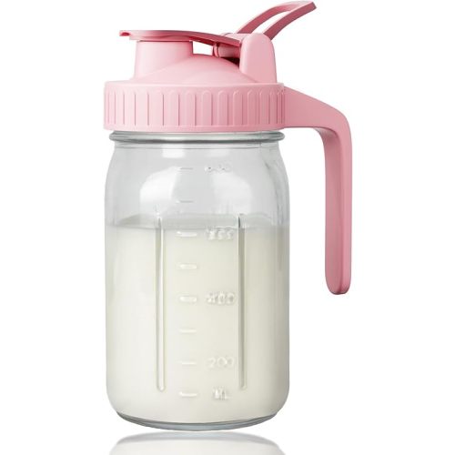 32oz Breast Milk Pitcher, 1 Qurat Glass Mason Jar with Flip Cap Lid and Pour Spout, 100% Airtight Leakproof Water Jugs for Iced Sun Tea, Juice, Cold Coffee, Breastmilk Storage Container, Pink