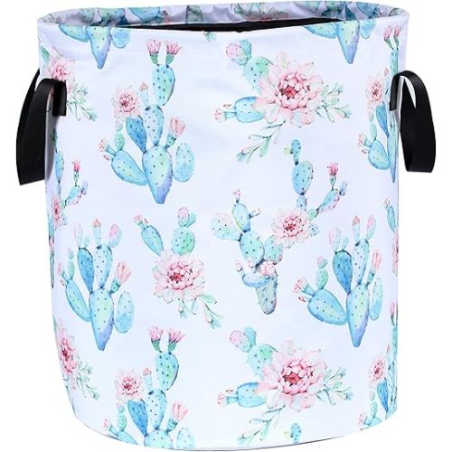 Cactus Flowers Laundry Basket Pink Floral Foldable Oxford Cloth Funny Tote Bag Laundry Hamper Clothes Storage Bucket Organizer For Bathroom/Laundry Storage/Bedroom 17.7x13.7 Inch