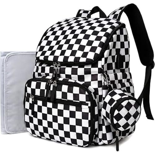 FHELAD Checkered Diaper Bag Backpack with Changing Pad & Stroller Clips, Large Travel Baby Diaper Bag for Newborn Moms, Baby Shower Gifts (Obsidian Black)