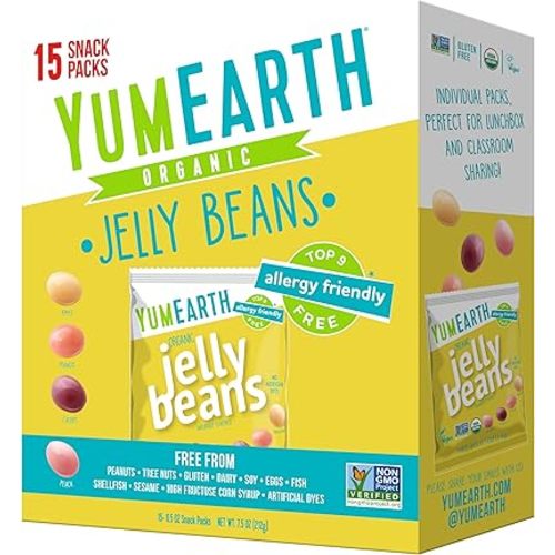 YumEarth Organic Jelly Beans - Fruity Candy Snack Packs, Gluten Free Snacks for Kids - Allergy Friendly, Non-GMO, No Artificial Flavors or Dyes - Assorted Flavors, 7.5 oz. (Pack of 15)