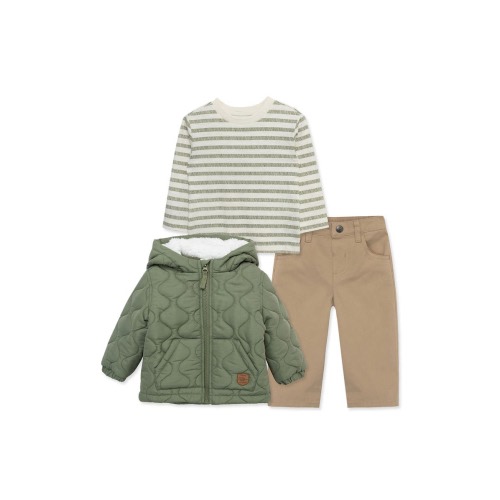 Olive Quilted Hooded Jacket, Long Sleeve T-Shirt & Pants Set, 12M