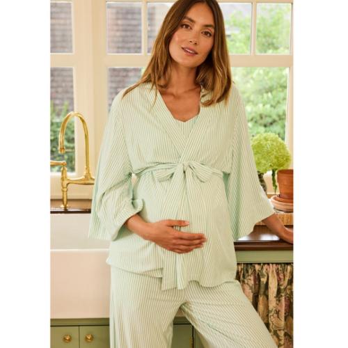 LAKE | Women | DreamModal Pajamas | Parisian Green Pencil Stripe Maternity Kimono Bundle