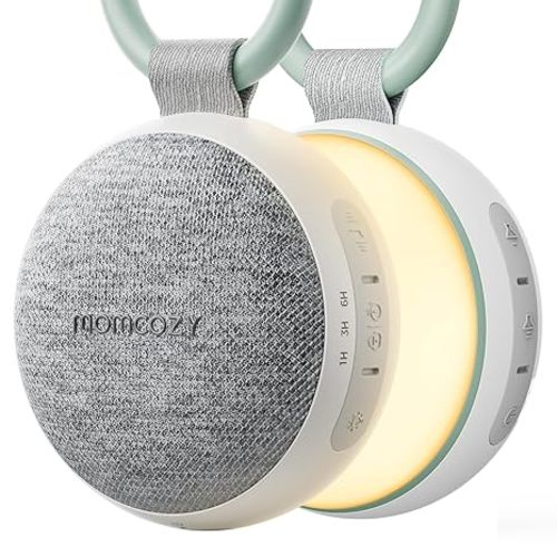 Momcozy Portable Sound Machine with Night Light, White Noise Sound Machine for Baby, 20 Soothing Sounds, Sound Therapy, Long-Lasting Power, Timer, Clips on Stroller, Grey