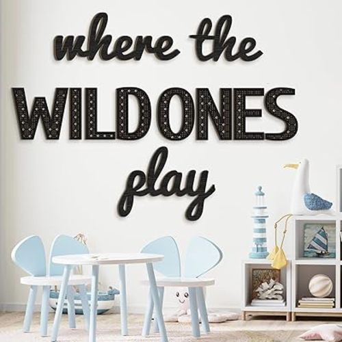 Where the Wild Ones Play Nursery Sign Wooden Playroom Wall Decor Playroom Decoration Word Play Sign for Baby Wall Plaques(40 Inch,Black)