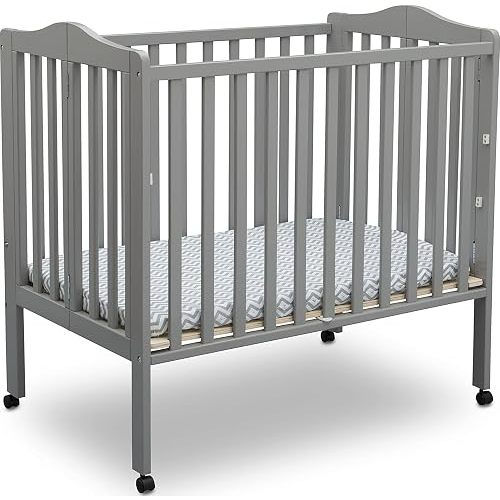 Delta Children Folding Portable Mini Baby Crib with 1.5-inch Mattress - Greenguard Gold Certified, Grey