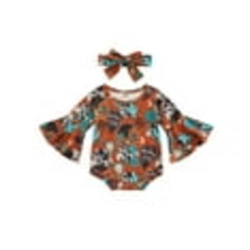 Qtinghua Western Newborn Baby Girl Clothes Cow Print Romper Flare Long Sleeve Bodysuit with Headband Clothes Brown 18-24 Months