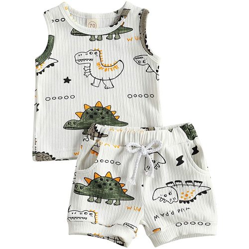 Ledy Champswiin Toddler Boy Clothes Baby Summer Outfit Dinosaur Letter Print Cotton Tops+Grey Elastic Shorts 2pcs