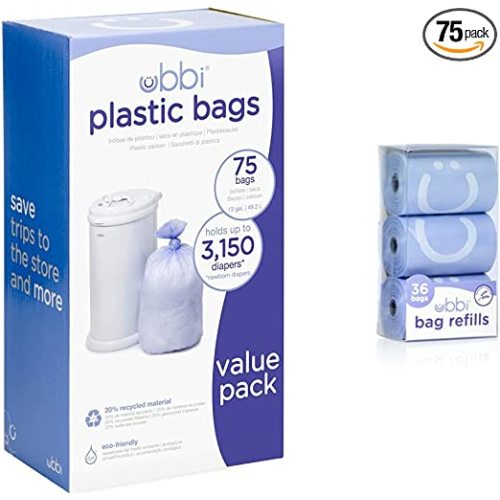 Ubbi Disposable Diaper Pail Plastic Bags, Value Pack, 75 Count, 13-Gallon Bags & On-the-Go Refill Bags, Lavender Scented, Value Pack of 36, Baby On The Go Diapering Essentials - Plastic Bags, 75ct. + Refill Bags 3 Pack