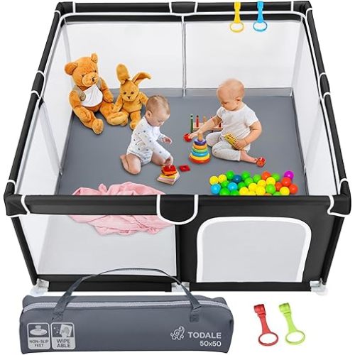 Todale Baby Play Pen - 50 x 50 x 27 in, Black - Portable Foldable Play Pen for Babies & Toddlers with Anti-Slip Base & Breathable Mesh Panels
