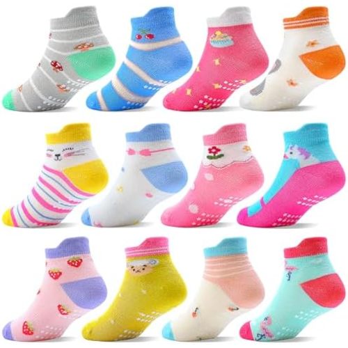 ELUTONG Toddler Socks with Grips Anti Slip Ankle Socks 12 Pairs for 1-7 Years Boys Girls Kids Infant Baby