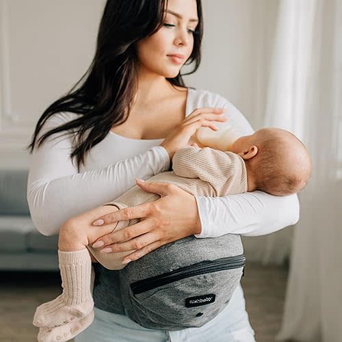 Tushbaby The Original Safety-Certified Hip Carrier for Babies & Toddlers: Machine Washable Child Waist Seat with Pocket Storage, As Seen on Shark Tank (23”-44” Waist, 0-3 yrs up to 45lbs) – Grey