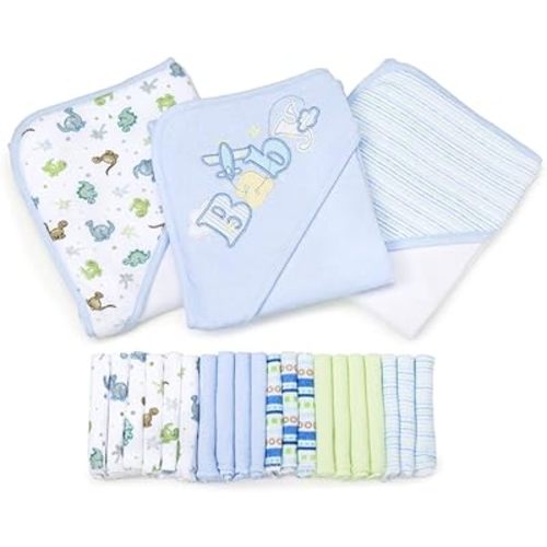 Spasilk Bath Hooded Towels & Washcloths Set for Babies, 23-Piece Gift Set, Blue