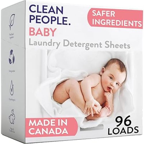 The Clean People Unscented Baby Laundry Detergent Sheets - Hypoallergenic - Ultra Concentrated, Recyclable Packaging, Fights Stains & Odors on Baby Clothes & Bedding - Fragrance Free, 96 Pack