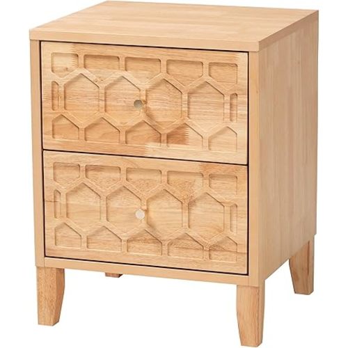Baxton Studio Hosea Japandi Carved Honeycomb Natural 2-Drawer Nightstand