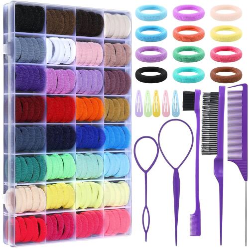 Cotton Toddler Hair Ties 32 Colors, 320 Pcs Baby Hair Ties with 15 Hair Styling Tools Organizer Box, Soft Seamless Elastic Hair Bands Hair Accessories for Girls Kids