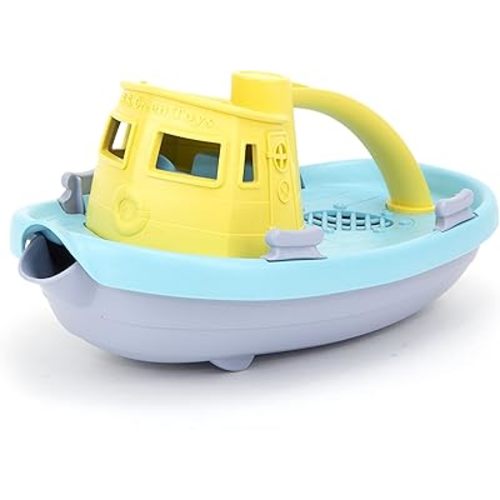 Green Toys Tugboat, Grey/Yellow/Turquoise Assorted - Pretend Play, Motor Skills, Kids Bath Toy Floating Pouring Vehicle. No BPA, phthalates, PVC. Dishwasher Safe, Recycled Plastic, Made in USA.