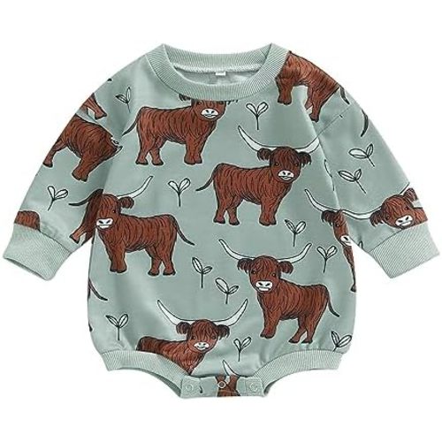 SAYOO Western Cowboy Outfits Baby Girl Boy Sweatshirt Romper Cow Print Oversized Sweater Bodysuit Infant Fall Clothes 0-24M