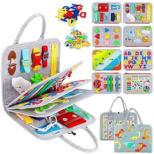 Esjay Toddler Busy Board Montessori Toys, Sensory Board Educational Activities for Learning Fine Motor Skills, Gifts for Girls Boys Toddlers, Travel Toys for Airplane Car,Grey Dinosaur