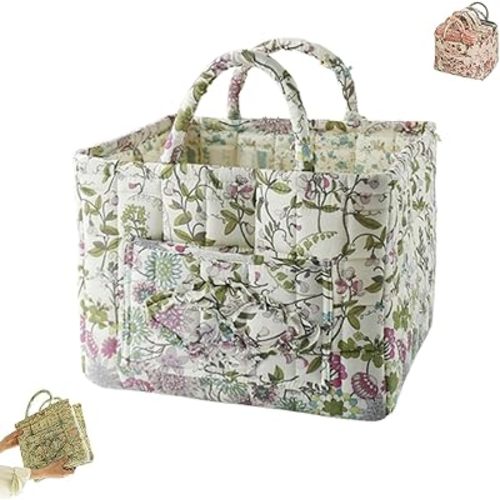 Floral Quilted Storage Basket with Handles, Foldable Fabric Laundry Basket Car Storage Organizer for Clothes Toys Sundries (B)