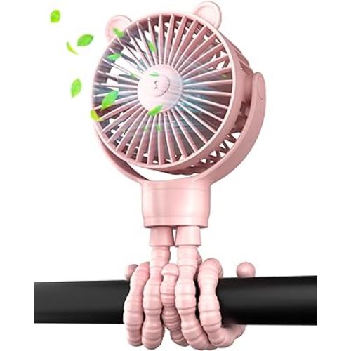 buywoo Portable Stroller Mini Fan, Small Rechargeable Personal Cooler w/ 360° Rotation, Baby Essentials for Car Seat, Crib, Bike, Treadmill, 3-Speed Battery Powered Stroller Accessories, Pink
