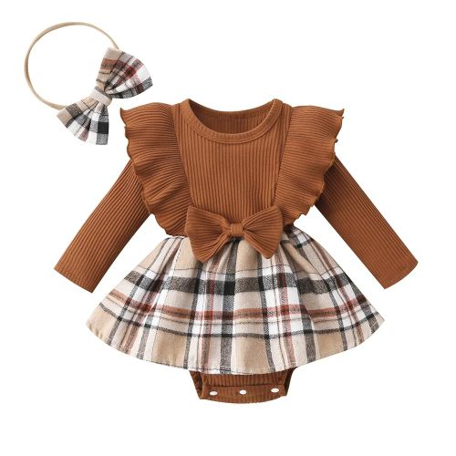 Newborn Baby Girl Fall Winter Outfit Set Plaid Romper Dress Ruffles Long Sleeve Clothes Jumpsuit with Bow Headband