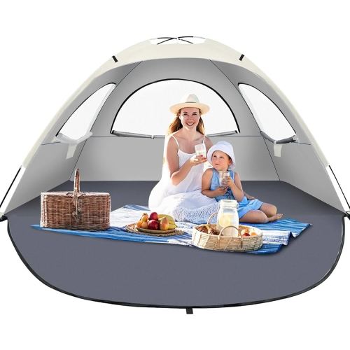 Beach Tent Sun Shelter for 3-4Person, Lightweight Beach Tent with UV Protection, 3 Mesh Roll Up Windows & 8.0mm Fiberglass, Easy Assemble