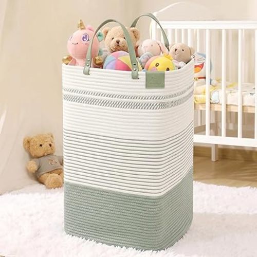 danpinera 75L Woven Laundry Hamper with Long Leather Handles, Baby Laundry Basket for Nursery, Tall Hampers for Bedroom Aesthetic, Decorative Clothes Storage Basket for Family, White & Light Green