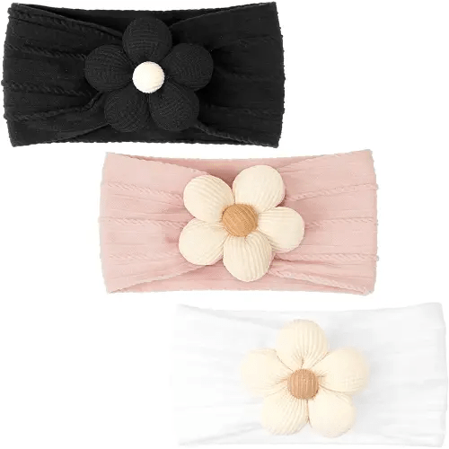CÉLLOT Baby Flower Headbands Baby Girls Nylon Headbands Baby Essentials Stretchy Hairbands Handmade Hair Accessories for Newborn Infant Toddlers Kids (White,Pink,Black)