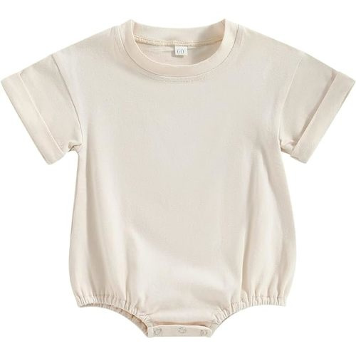 Unisex Baby Boy Girl Clothes Infant Summer Oversized Bubble Romper Toddler Baby Plain Short Sleeve Jumpsuit - 0-6 Months - Beige