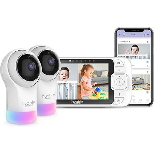 HUBBLE CONNECTED Nursery Pal Glow+ Twin, 7-in-1 Smart Baby Monitor with 2 Cameras, HD Color Screen, and Hubble Grip