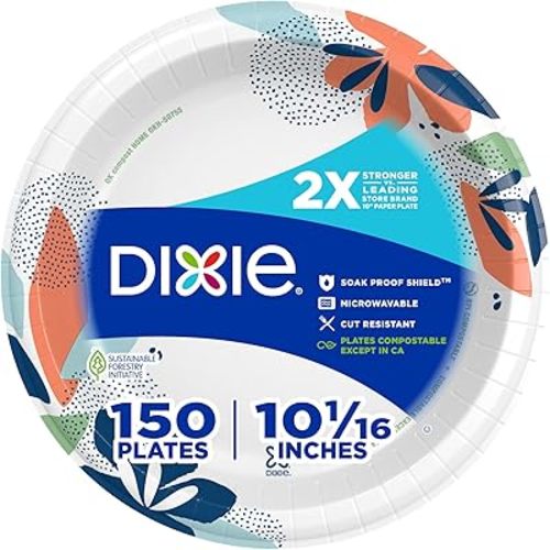 Dixie Large Paper Plates, 10 Inch, 150 Count, 2X Stronger*, Microwave-Safe, Soak-Proof, Cut Resistant, Disposable Plates For Everyday Breakfast, Lunch, & Dinner Meals