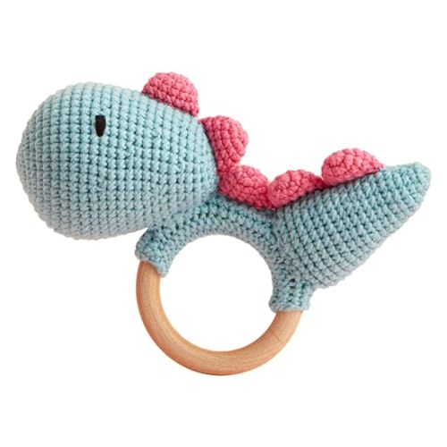 Chippi & Co Wooden Crochet Baby Rattle, Crochet Toys Stuffed Animals Easter Gifts for Kids, Newborn Toys, Easter Basket Stuffers, Basket Filler, Baby Shower Decor (Doodoo The Blue Dinosaur)