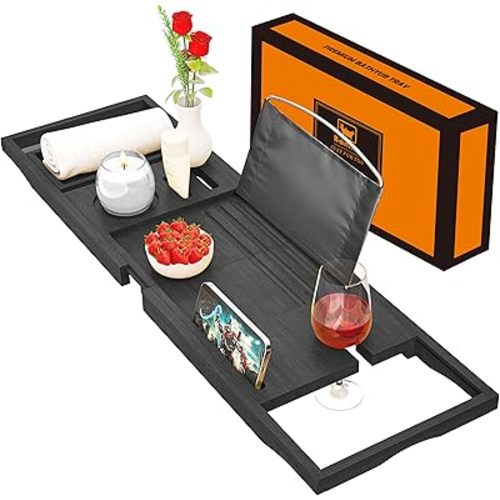 Premium Bathtub Tray Caddy - Bath Tray Expandable - Bath Tub Tray Table for Bathtub, Bamboo Wooden, Fits Most Bath Tubs