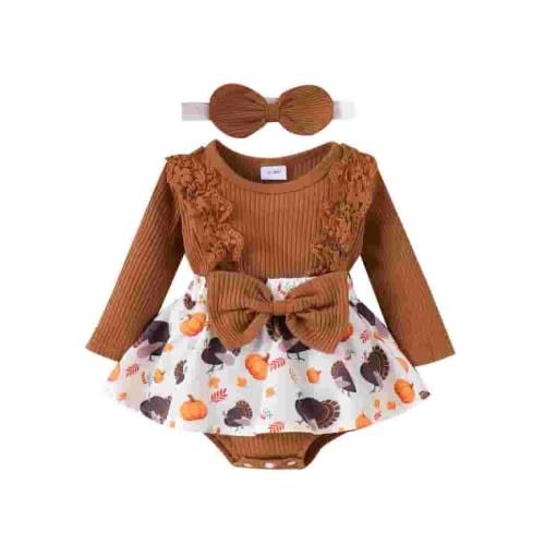 Baby Girl 2Pcs Thanksgiving Outfits Newborn Pumpkin Turkey Print Long Sleeve Rompers Dress + Headband